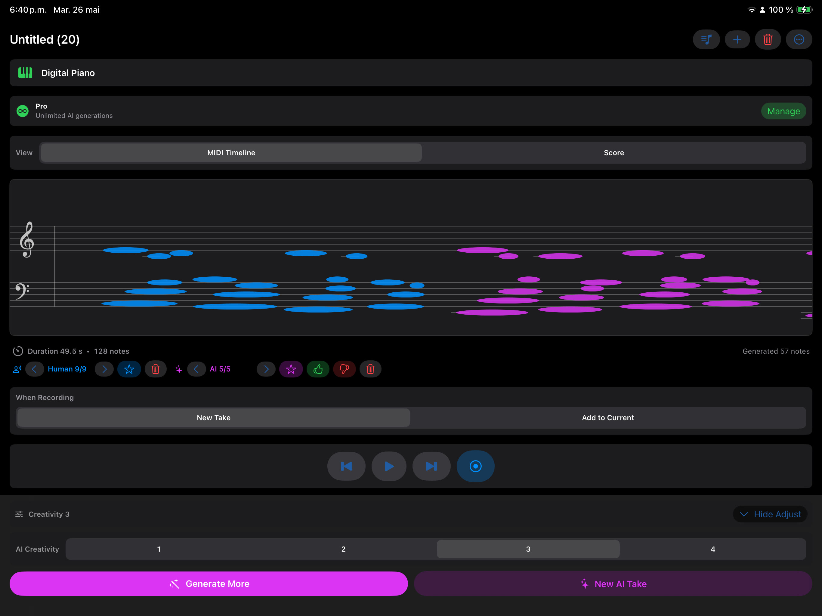 CoComposer.ai running on iPad with MIDI Timeline, takes, and AI generation controls