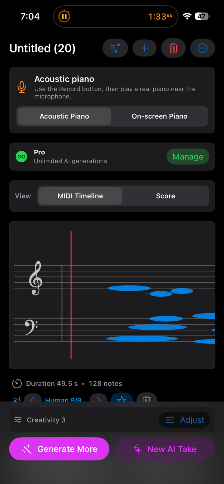 iPhone acoustic piano input selected with AI generation controls