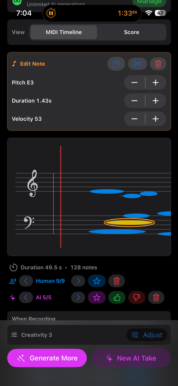 iPhone MIDI Timeline note editing controls