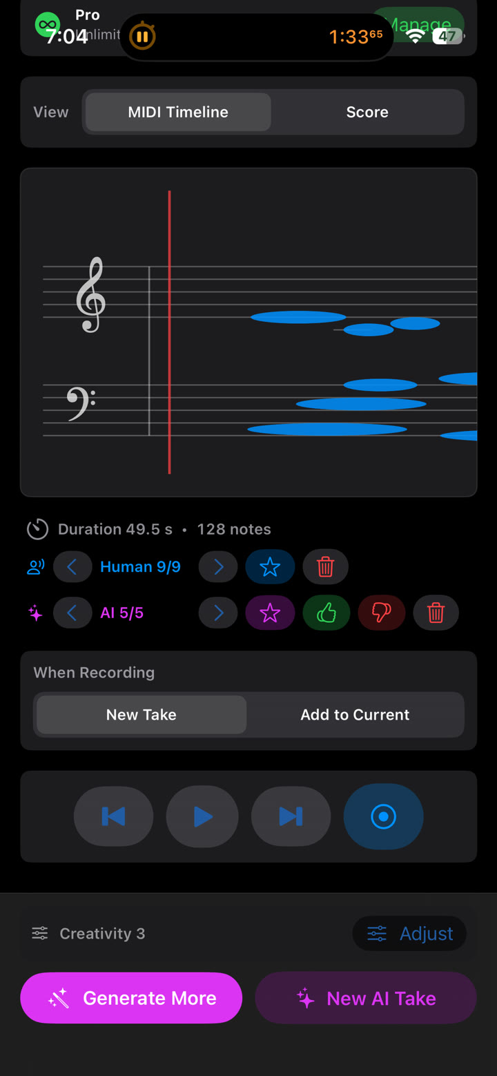 iPhone MIDI Timeline with takes and AI generation controls