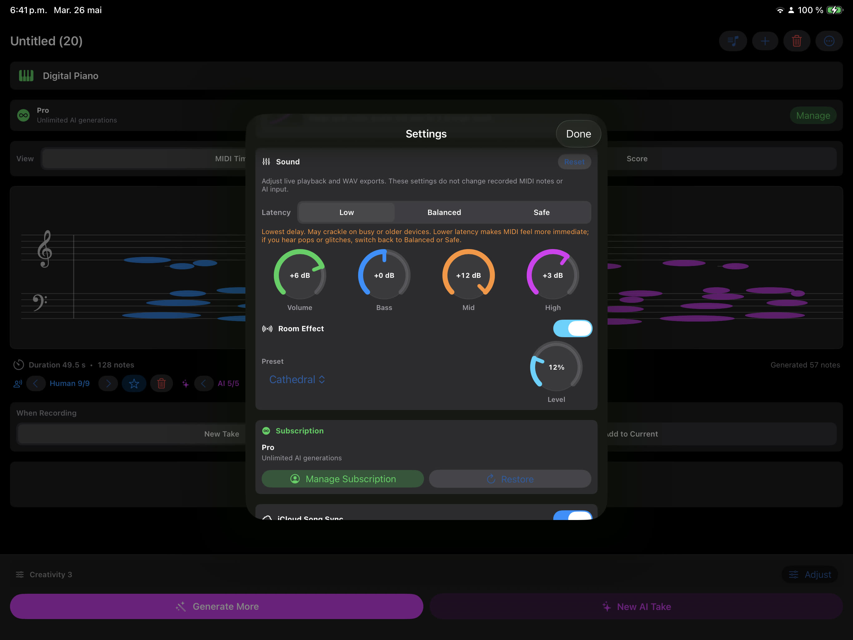 iPad settings with sound, latency, EQ, subscription, and iCloud sync controls